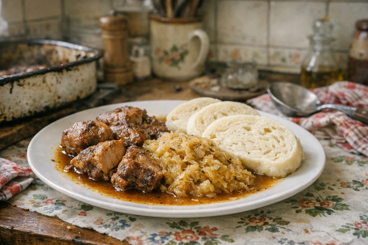 Schweinebraten mit geschmortem Sauerkraut und Böhmischen Knödeln