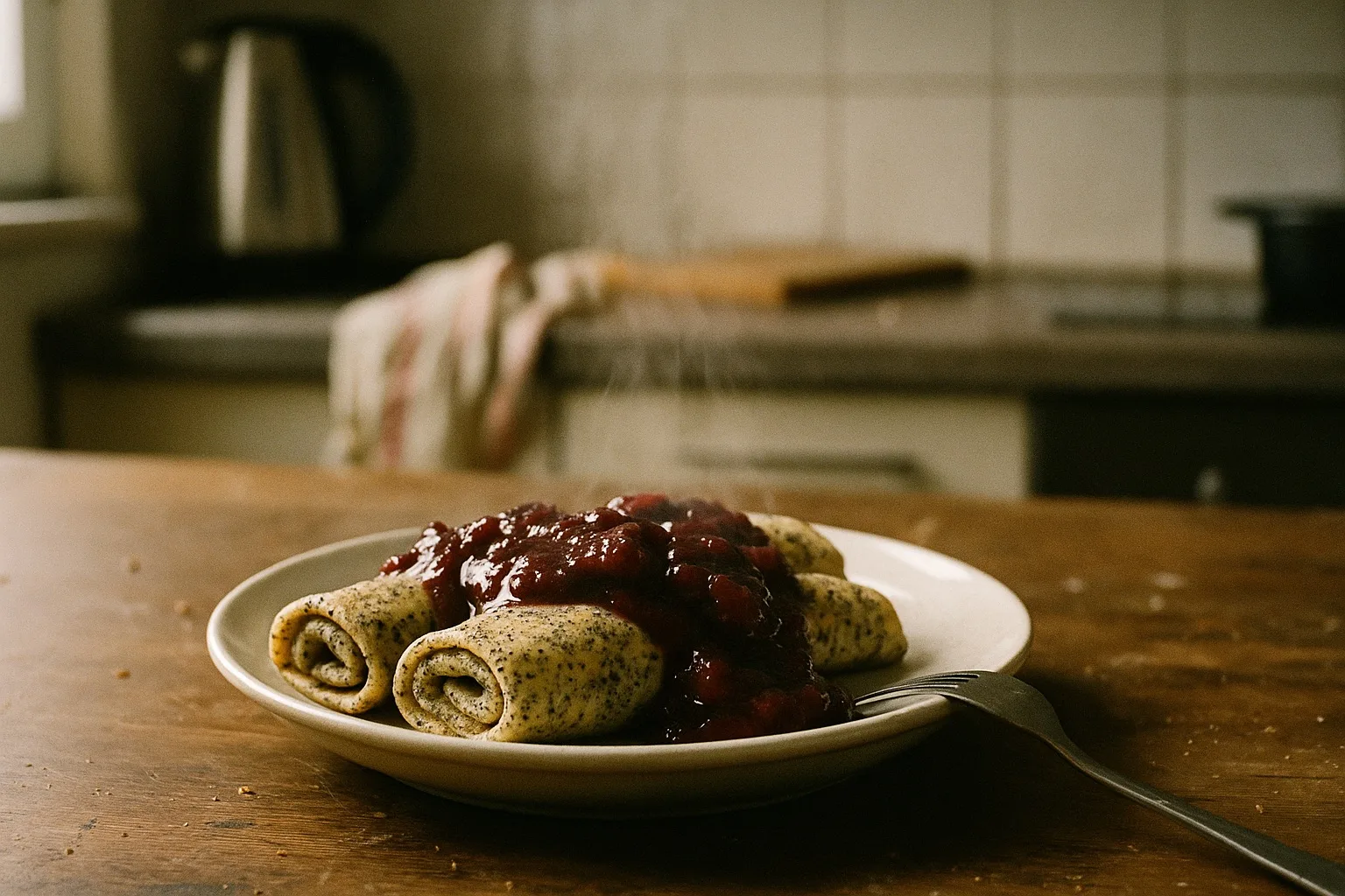 Mohnpfannkuchen mit Pflaumensauce