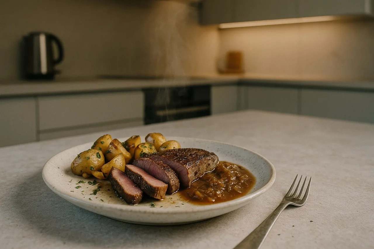 Steak mit Röstkartoffeln und Zwiebelsauce