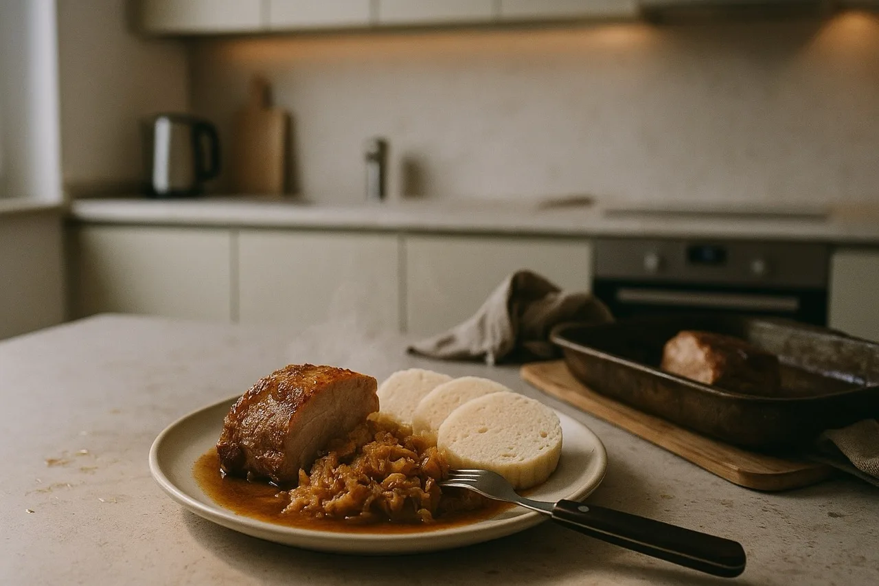 Schweinebraten mit Sauerkraut und Knödeln