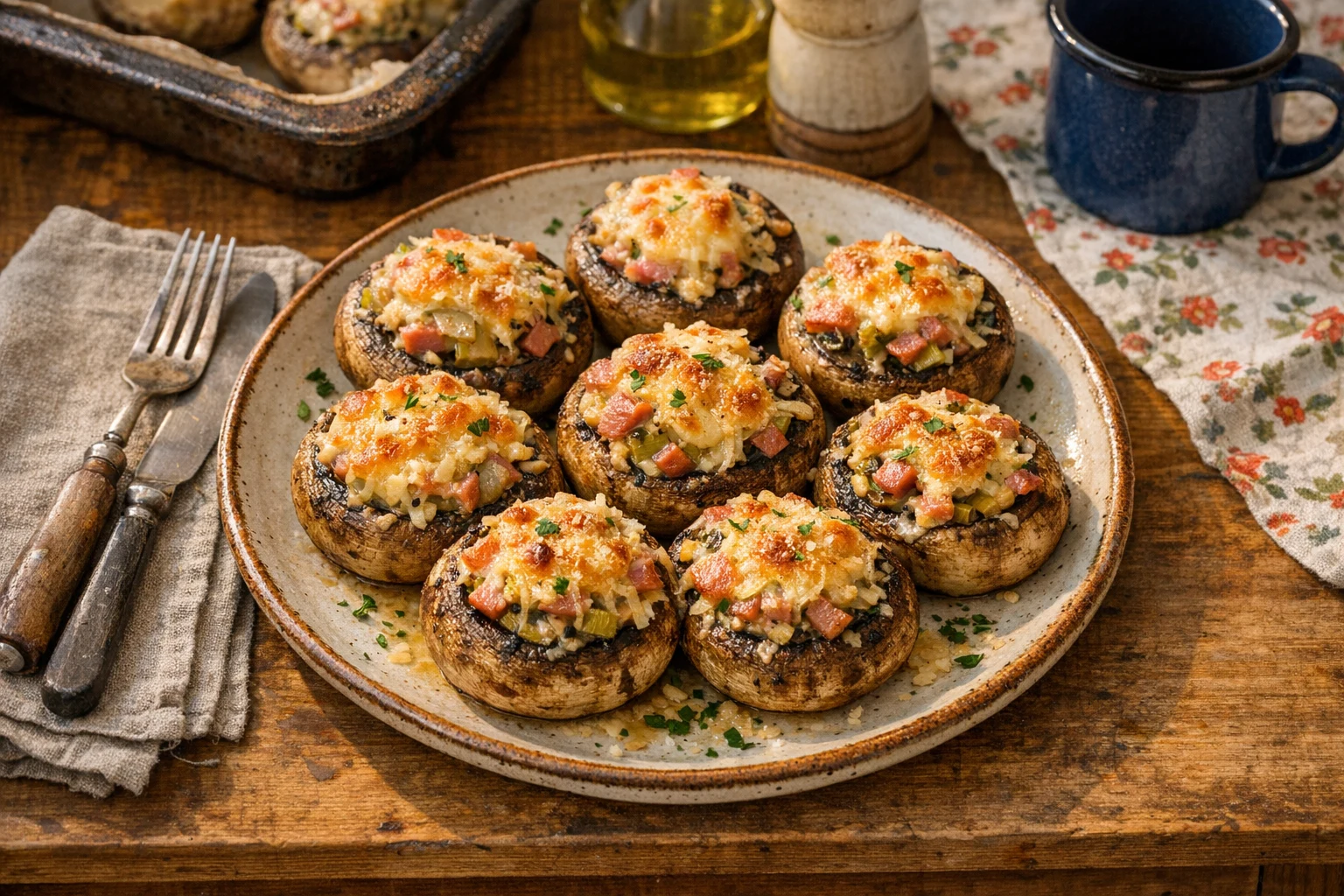 Gebackene Champignons mit Käse-Schinken-Füllung