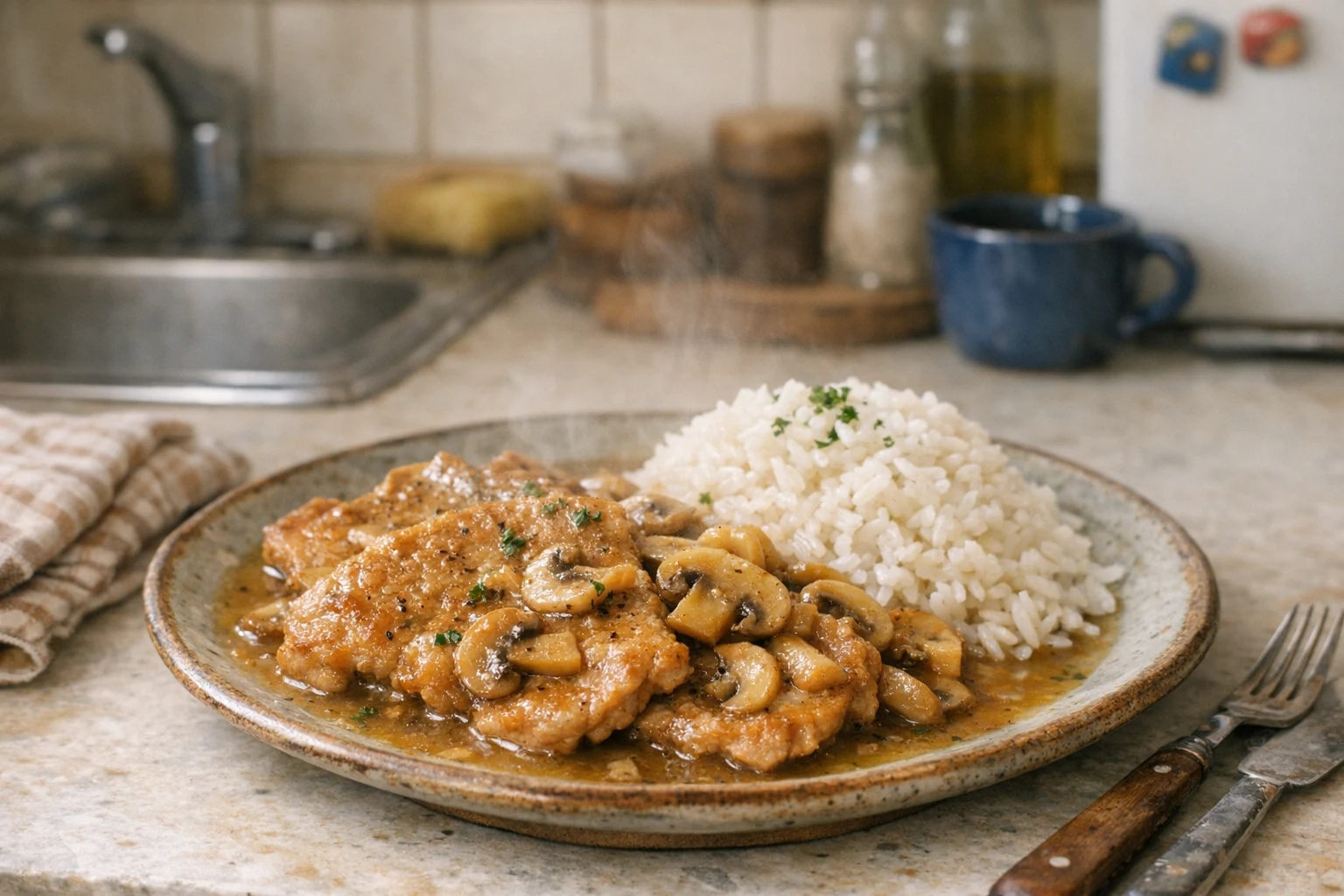 Schweineschnitzel natur mit Champignons