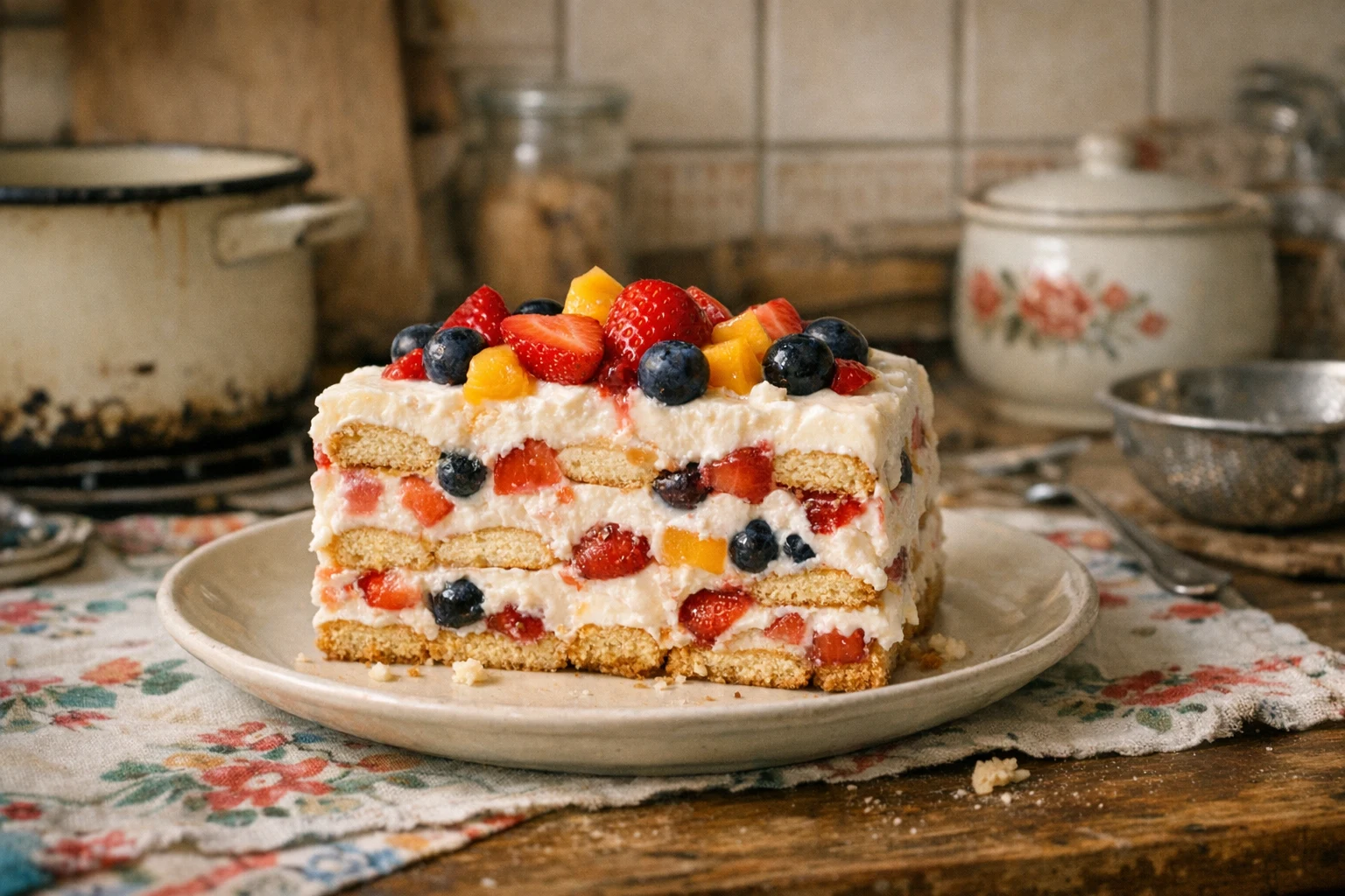 Kühlschranktorte mit Sauerrahm und Früchten