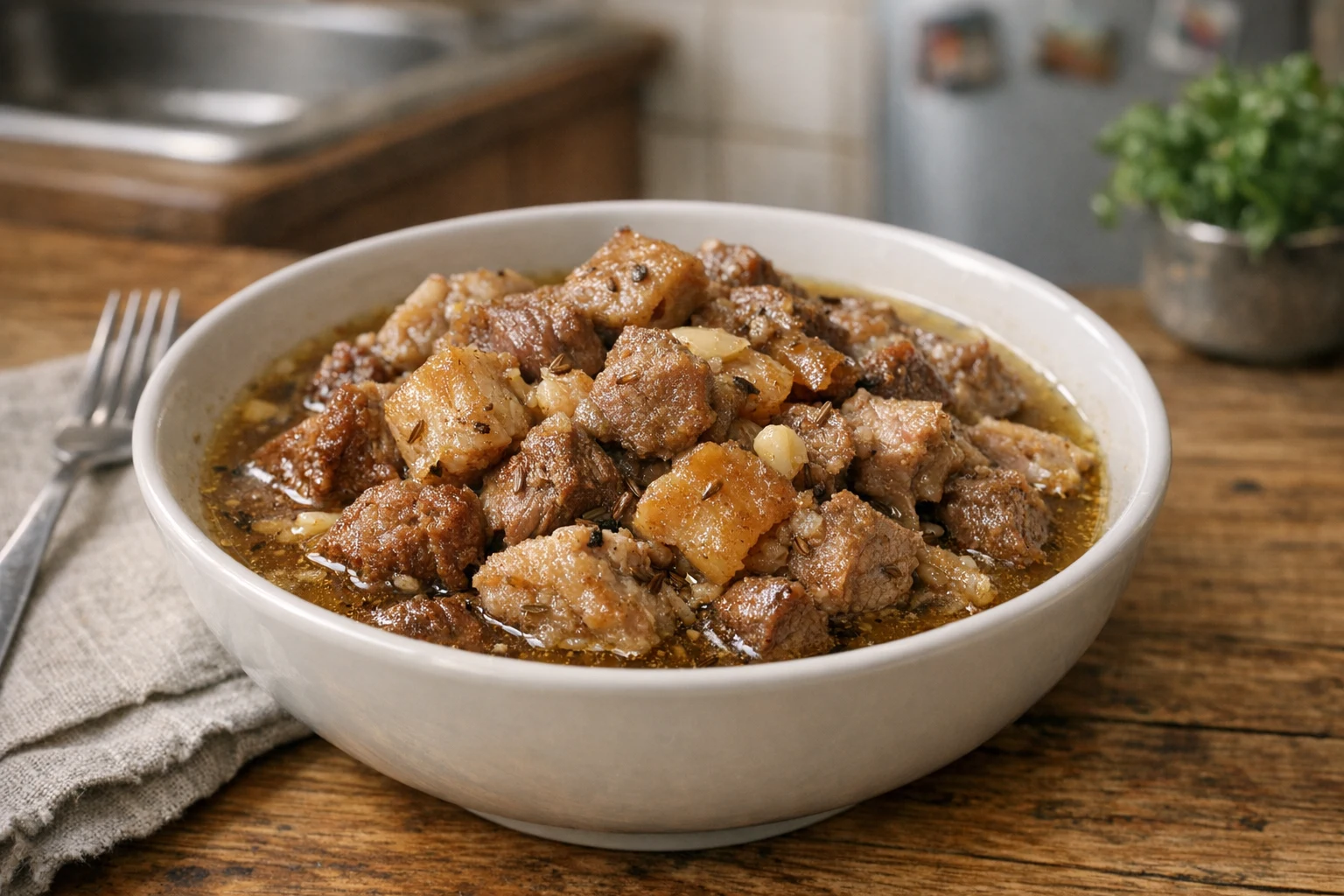 Eingekochtes Schweinebratenfleisch