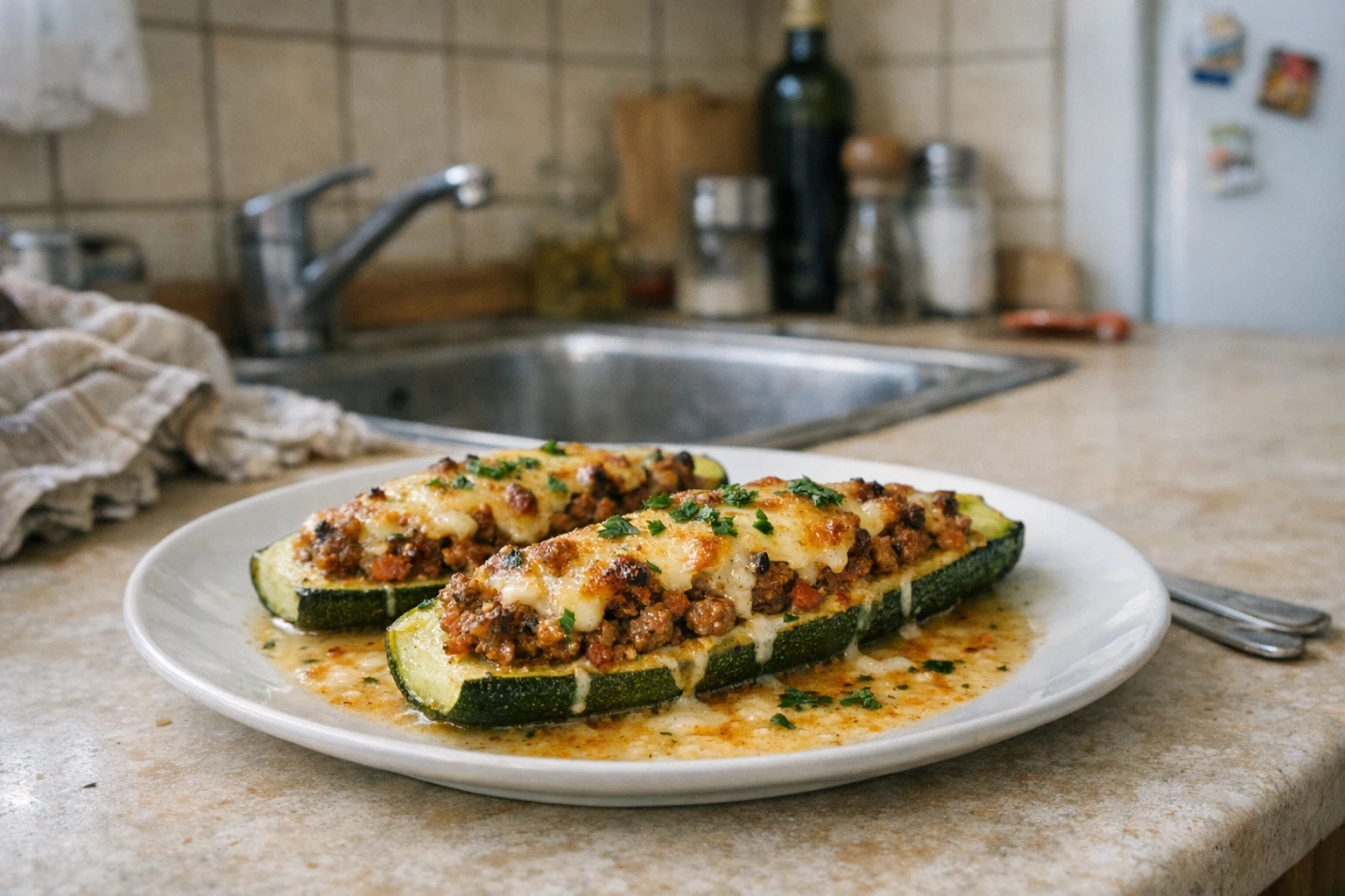 Mit Hackfleisch gefüllte Zucchini