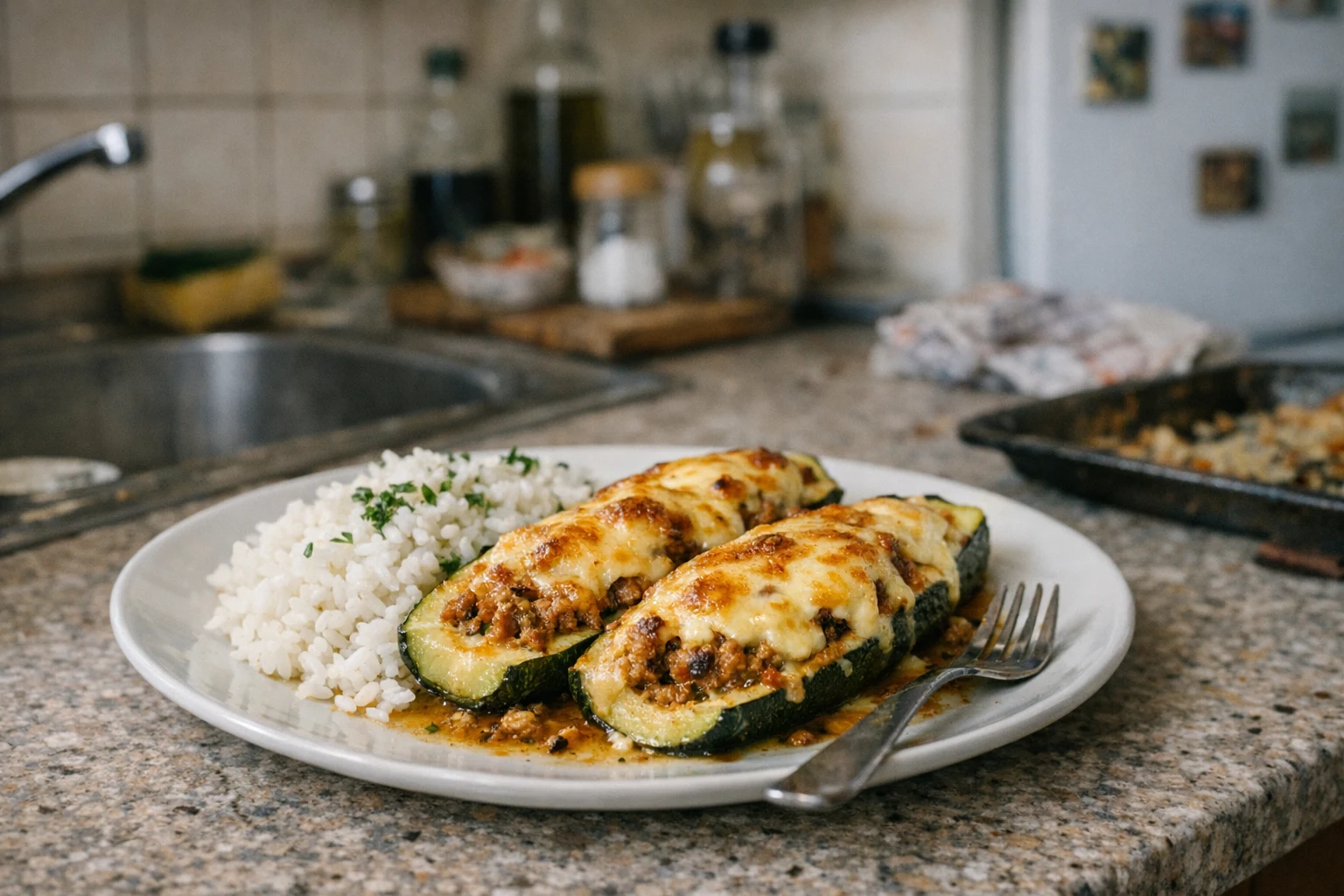 Mit Hackfleisch gefüllte Zucchini