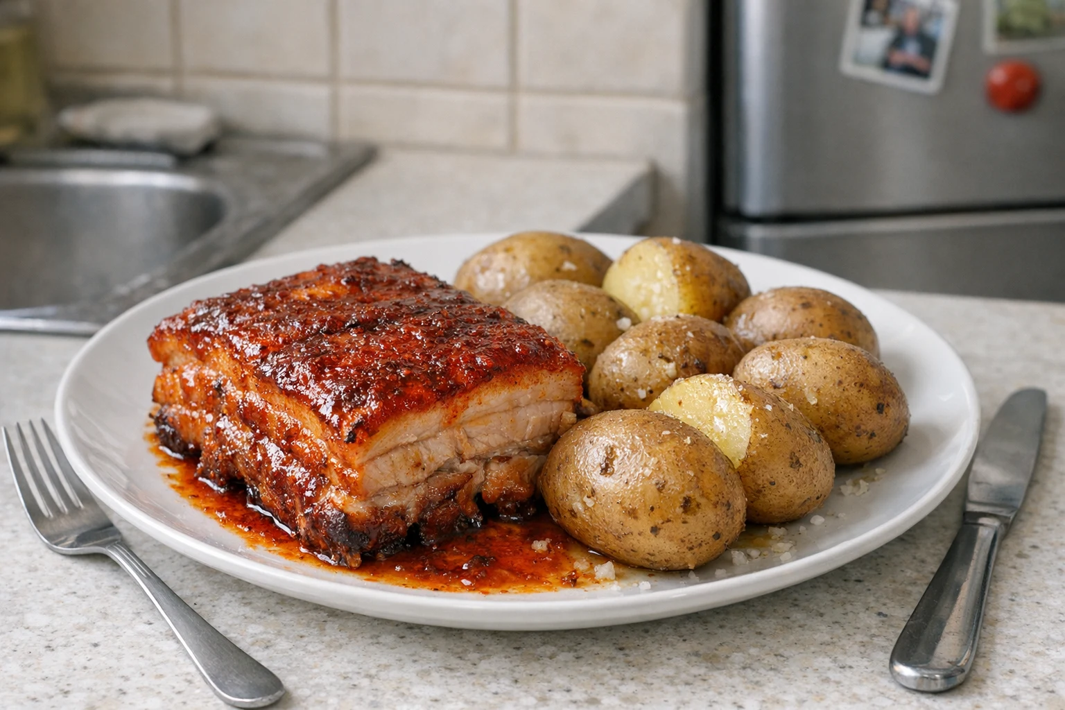 Gekochter Schweinebauch mit Paprikaglasur