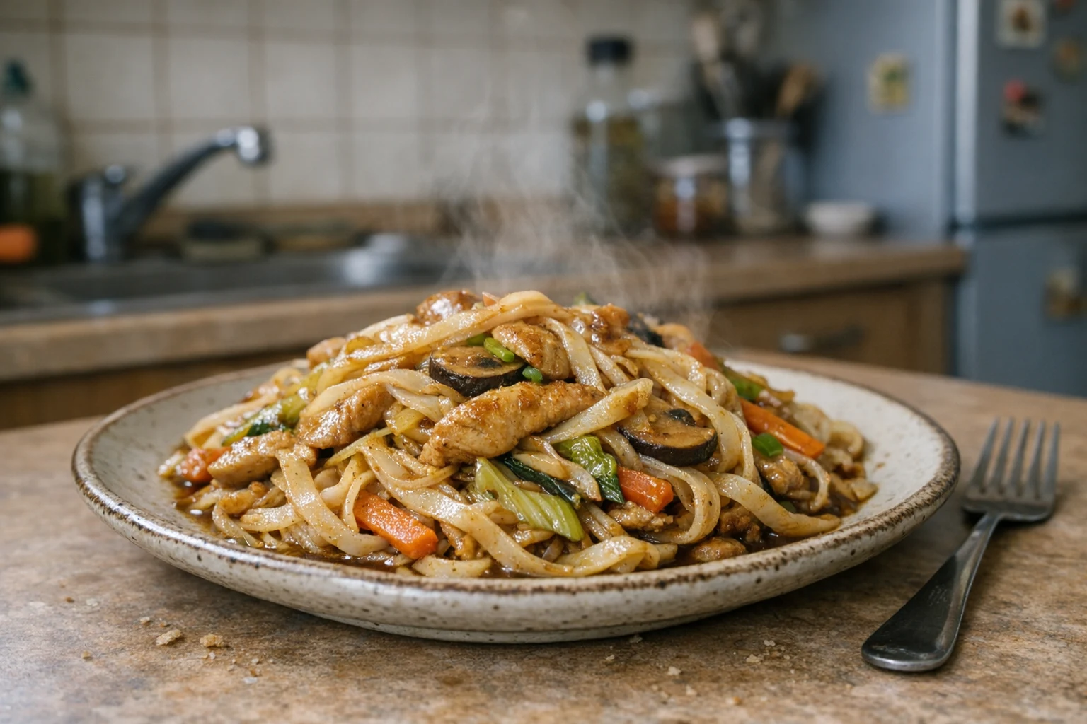Reisnudeln mit Hähnchen und Gemüse