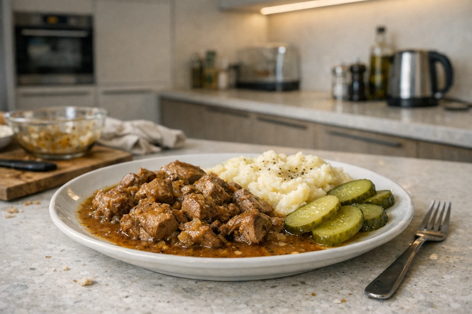 Geschmortes Schweinefleisch im eigenen Saft