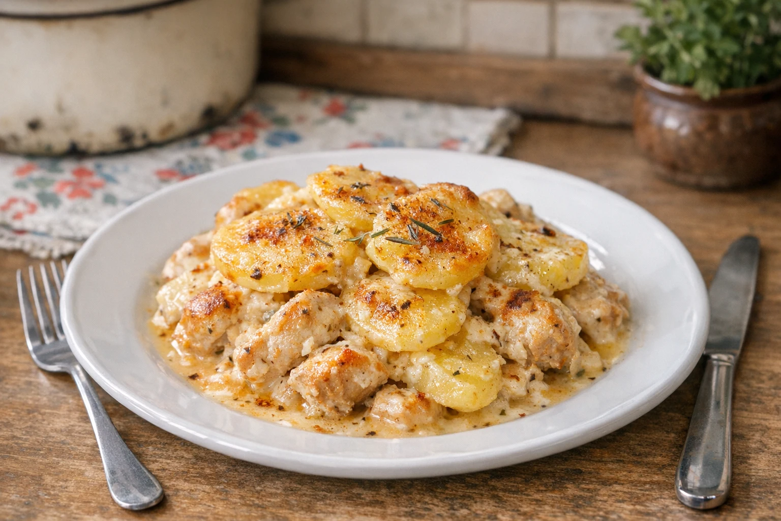 Überbackene Sahnekartoffeln mit Hähnchen