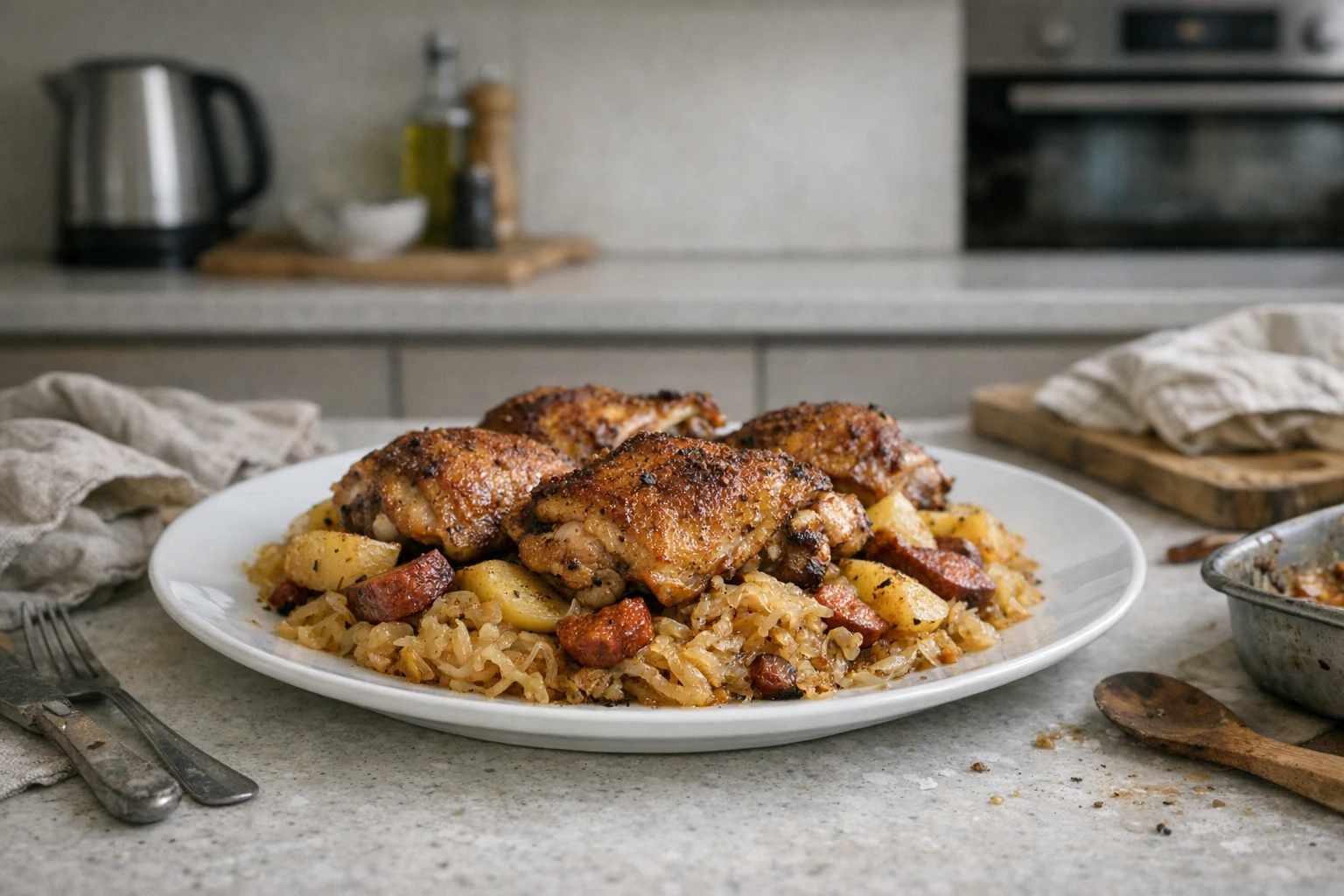 Knusprige Hähnchenschenkel auf Sauerkraut und Kartoffeln