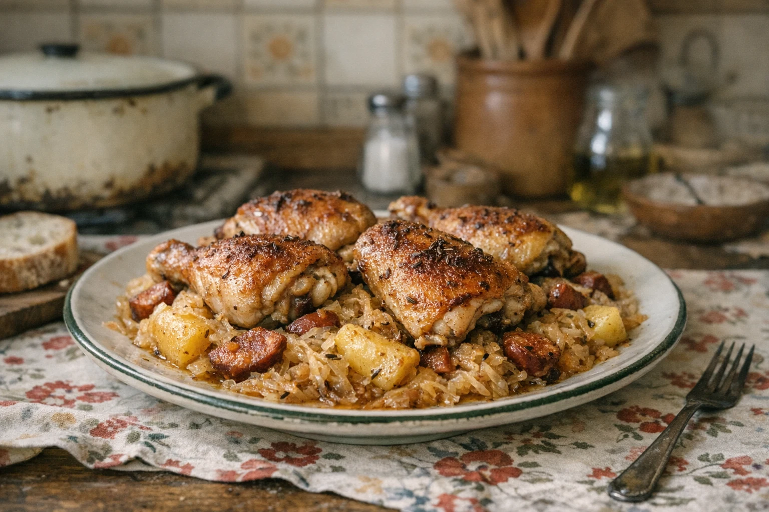 Knusprige Hähnchenschenkel auf Sauerkraut und Kartoffeln