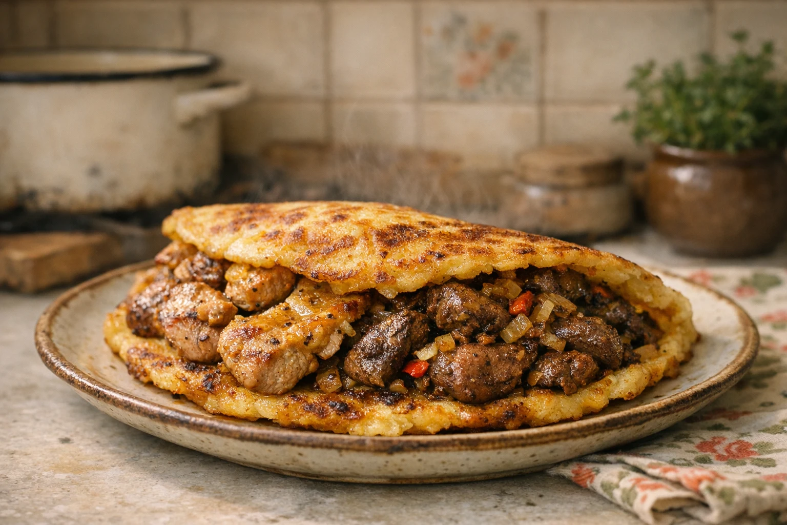 Fleisch-Leber-Pfanne im Kartoffelpuffer