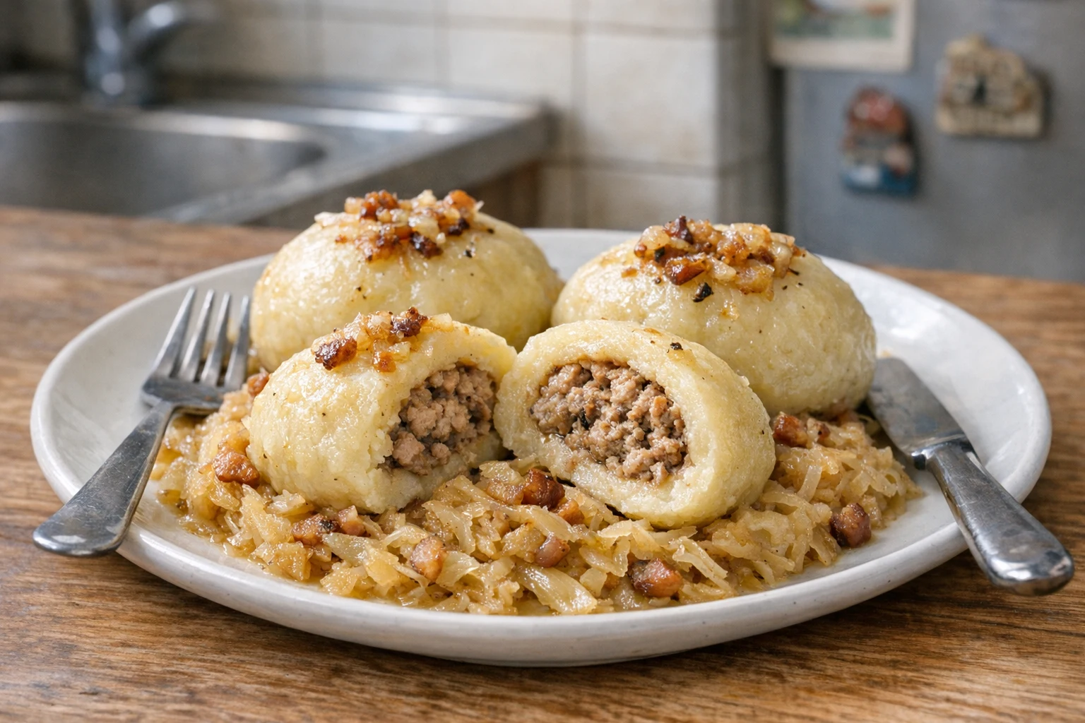 Mit Fleisch gefüllte Kartoffelknödel mit Sauerkraut