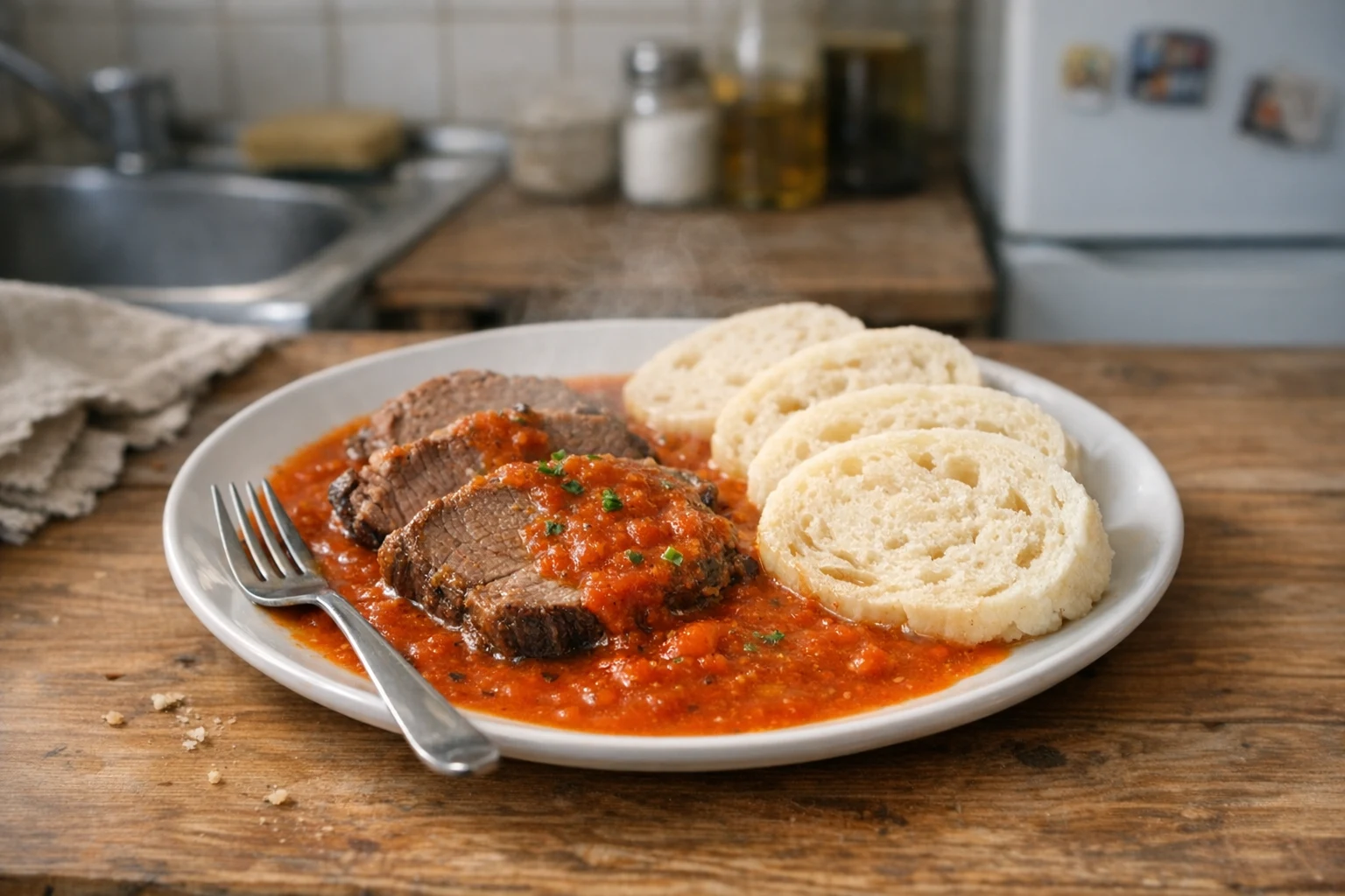 Rindfleisch mit Tomatensauce und böhmischen Knödeln