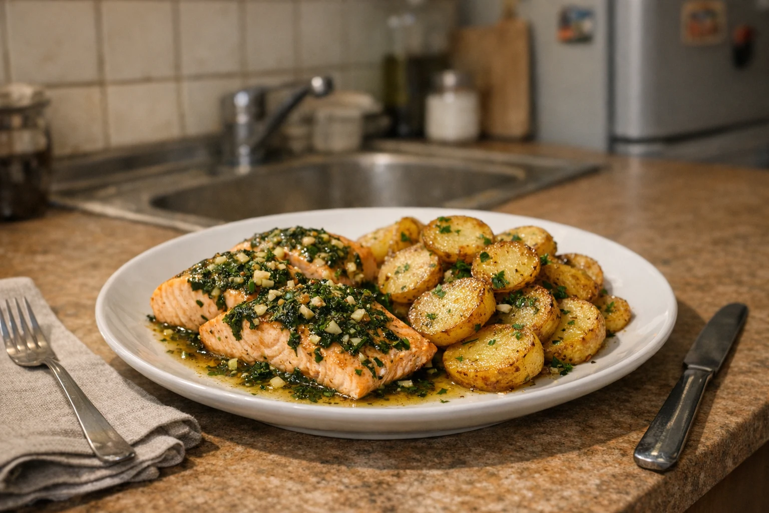 Lachs mit Kräutern und Bratkartoffeln