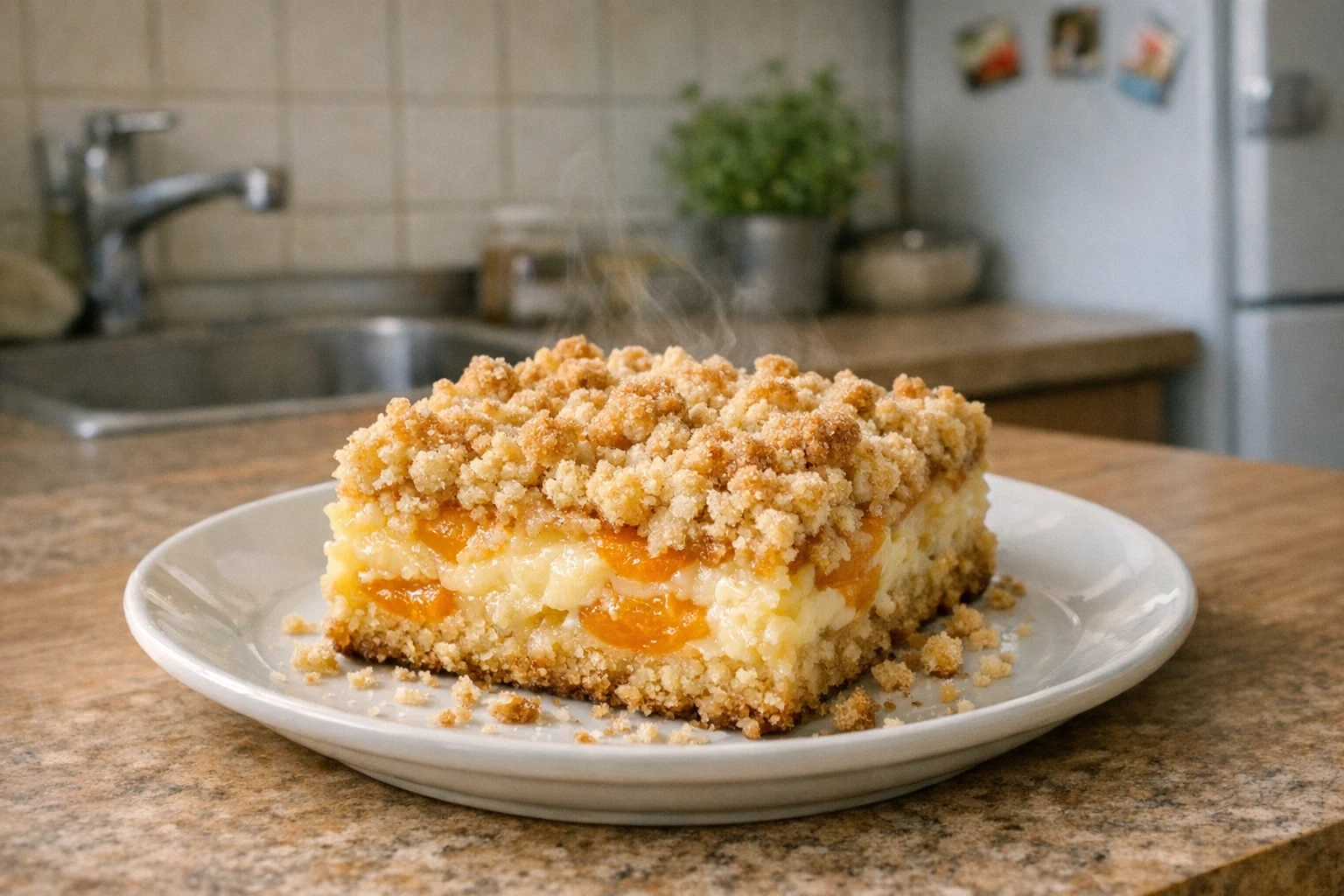 Streuselkuchen mit Vanillepudding und Aprikosen