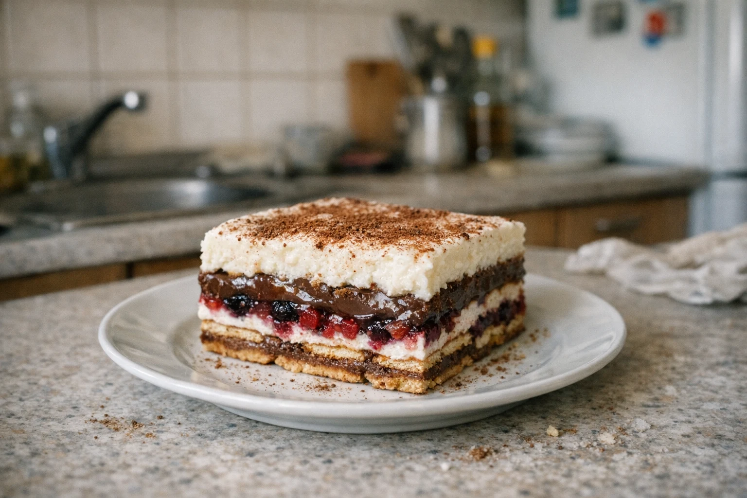 Kühlschrankkuchen mit Pudding und Quark