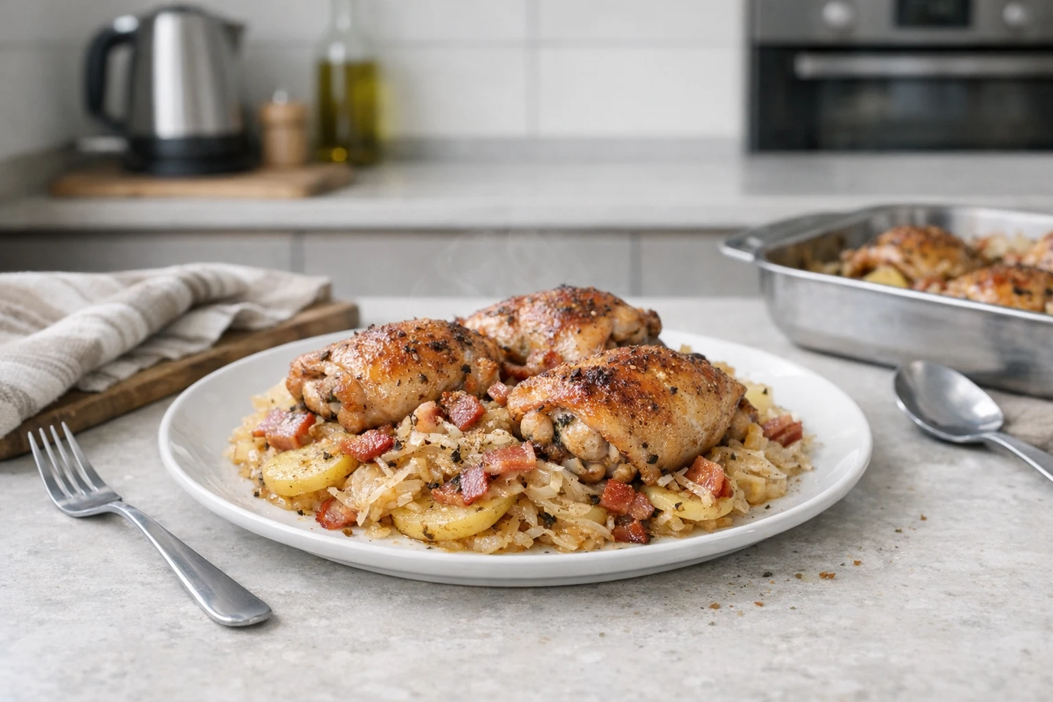 Gebackene Hähnchenschenkel auf Sauerkraut und Kartoffeln
