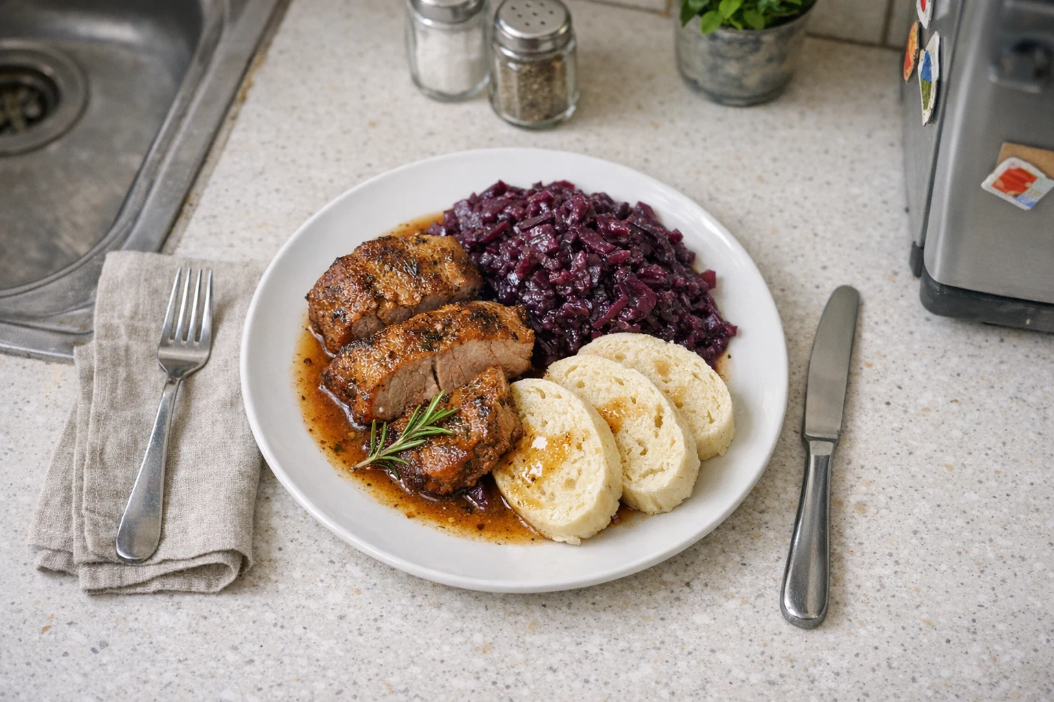 Schweinebraten mit Rotkohl und hausgemachten Hefeknödeln