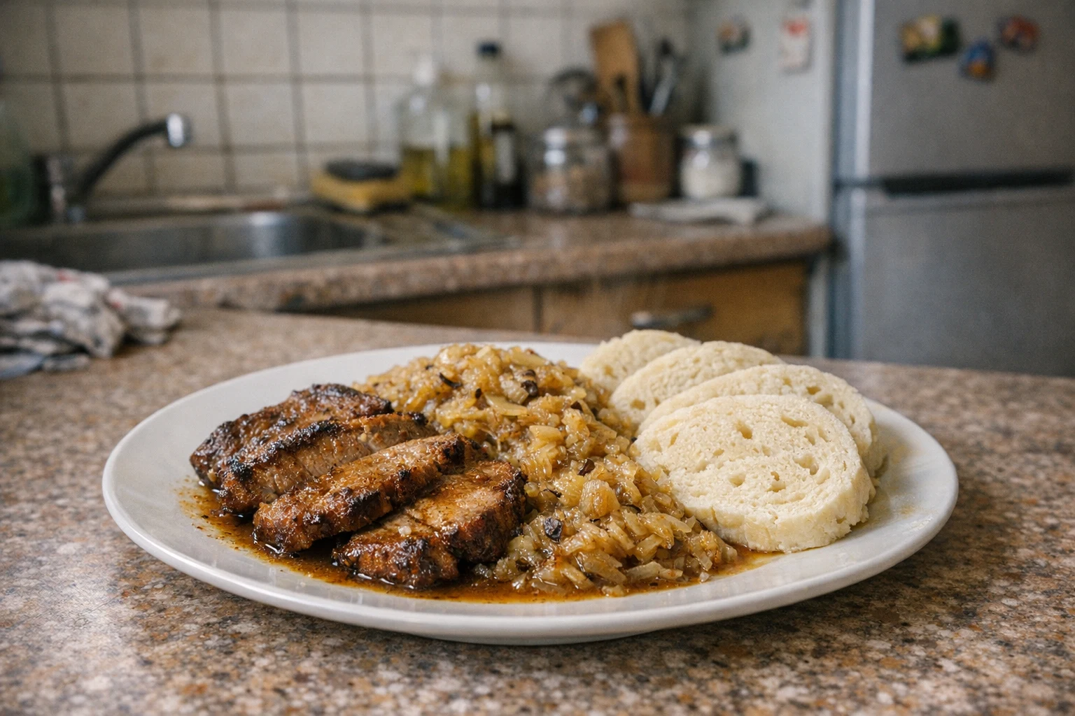 Schweinebraten mit Knödeln und Sauerkraut