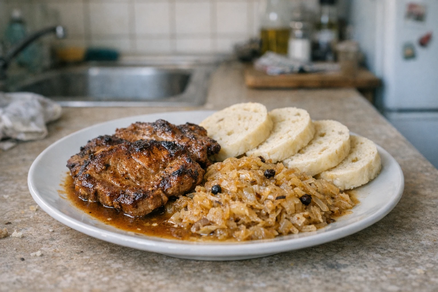 Schweinebraten mit Knödeln und Sauerkraut