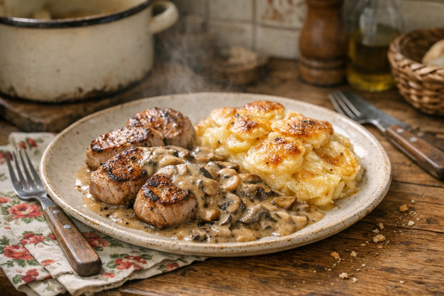 Schweinefiletsteaks mit Kartoffelgratin und Pilzsauce