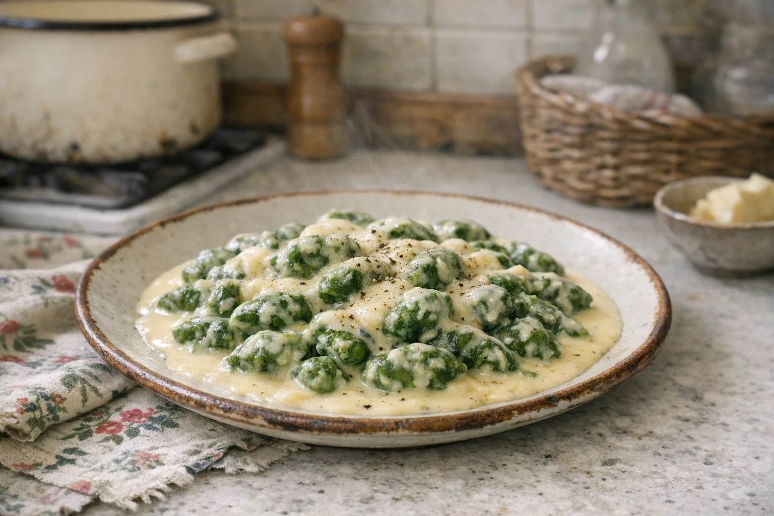 Spinatnockerl mit Käsesauce