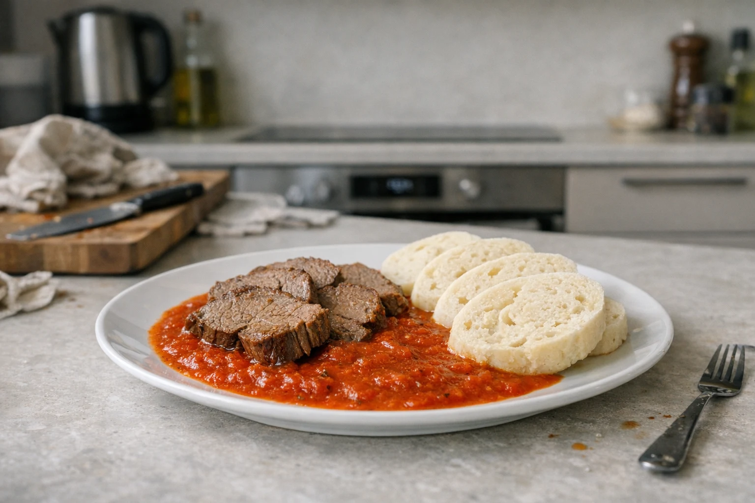 Rindfleisch mit Tomatensoße und böhmischen Knödeln