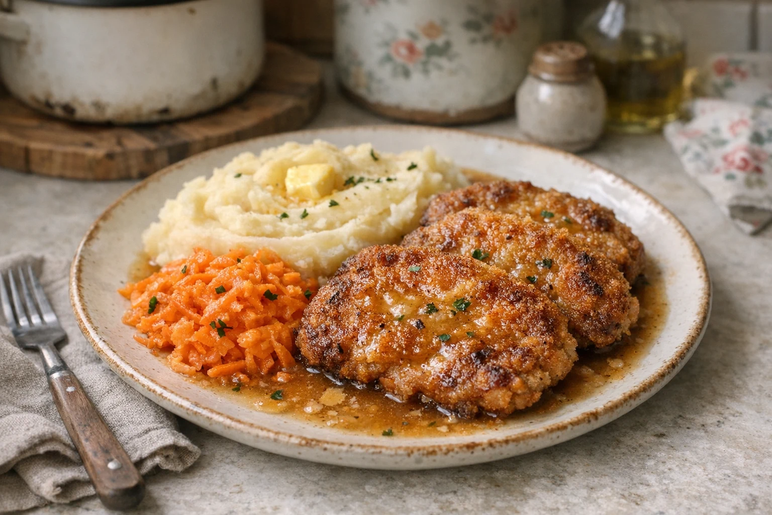 Umgekehrt panierte Schweineschnitzel