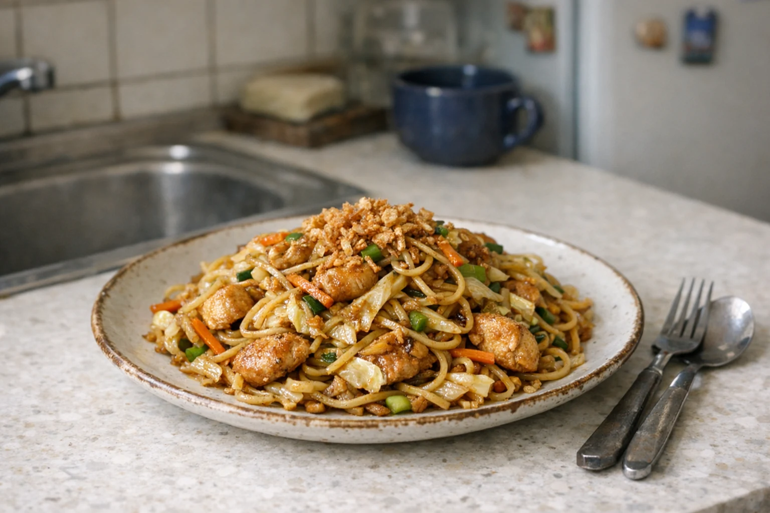 Gebratene chinesische Nudeln mit Hähnchen