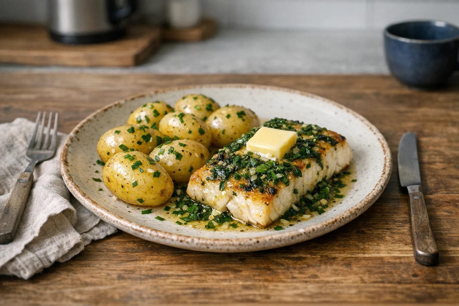 Gebackener Alaska-Seelachs in Butter mit Frühlingskräutern und neuen Kartoffeln mit Schnittlauch