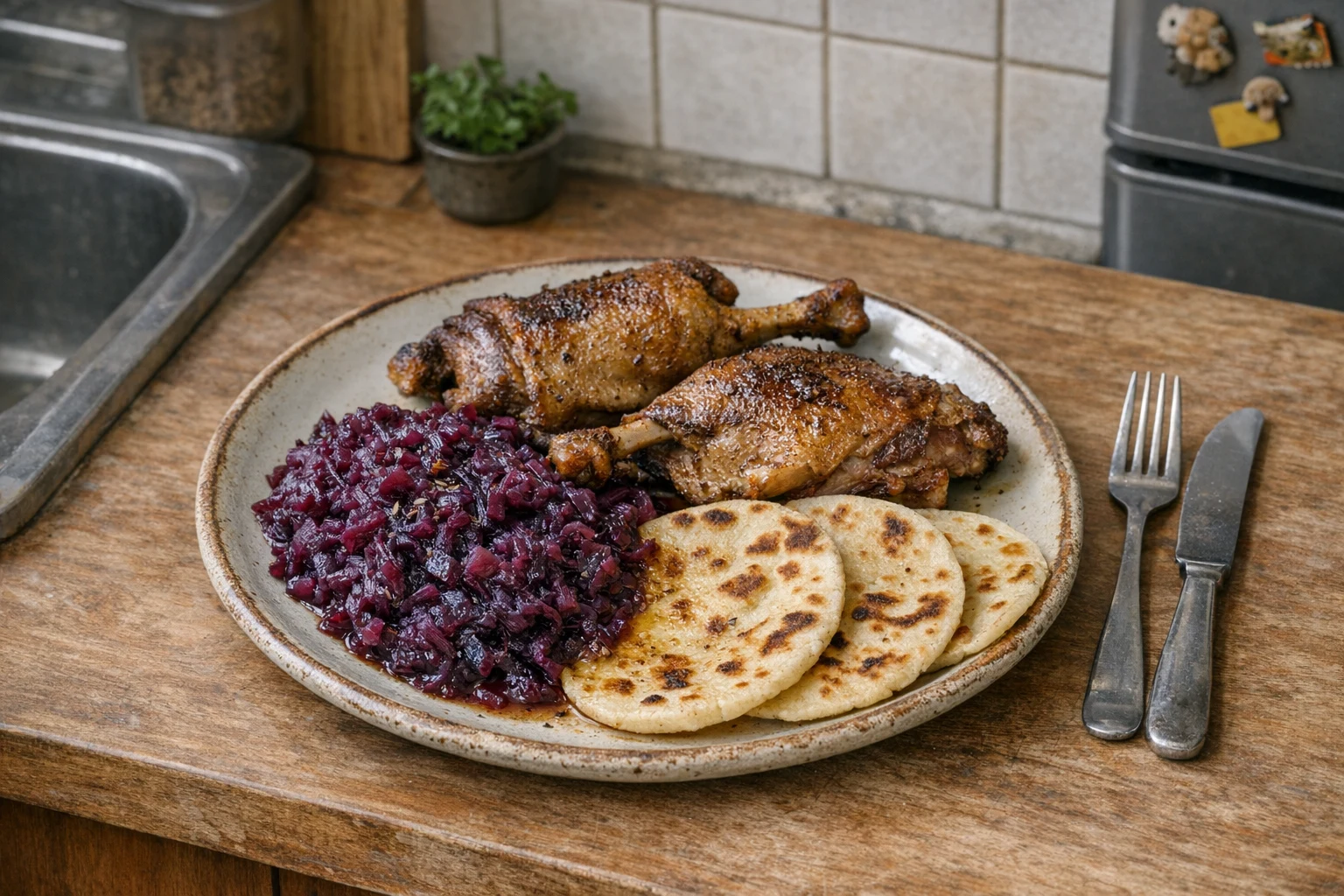 Gebratene Ente mit Rotkohl und Lokše